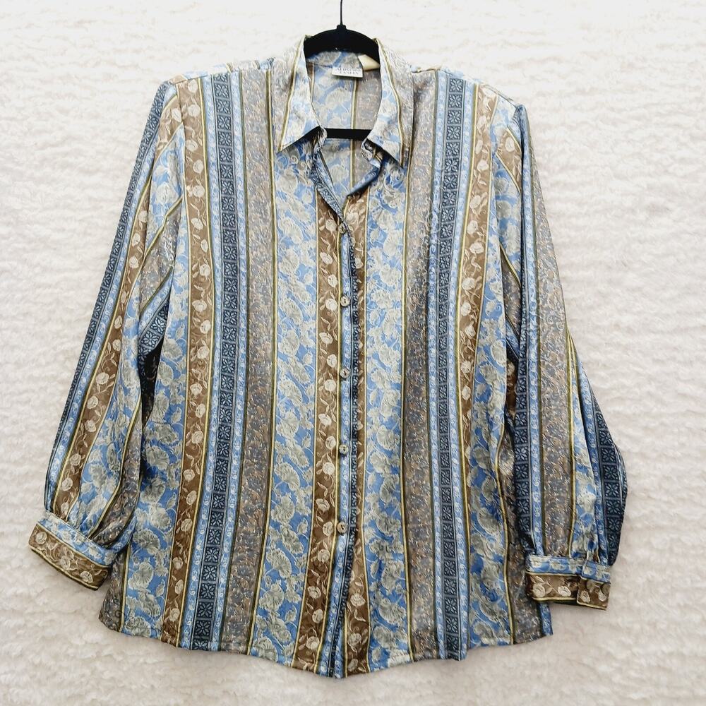 Blouse Button-Up Floral Blue Gray Officewear Casual Cottagecore Minimalist Sz 14
